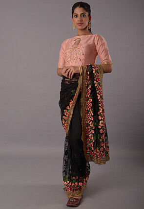 Hand Embroidered Art Silk Blouse in Peach