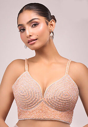 Hand Embroidered Art Silk Blouse in Peach