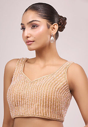 Hand Embroidered Art Silk Blouse in Peach