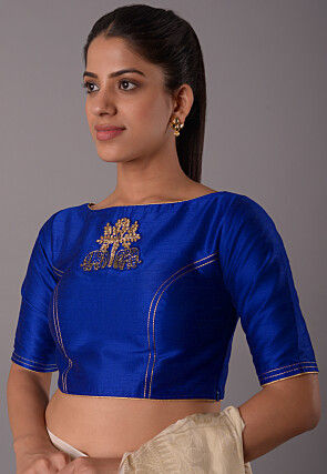 Hand Embroidered Art Silk Blouse in Royal Blue