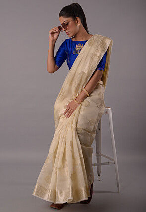 Hand Embroidered Art Silk Blouse in Royal Blue