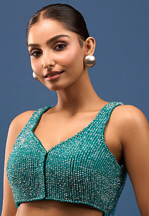 Hand Embroidered Art Silk Blouse in Teal Blue