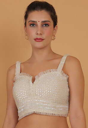 Hand Embroidered Art Silk Blouse in White