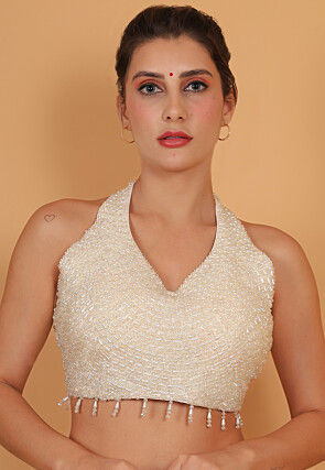 Hand Embroidered Art Silk Blouse in White