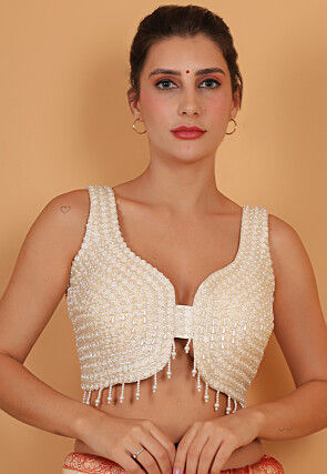 Hand Embroidered Art Silk Blouse in White