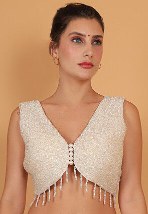 Hand Embroidered Art Silk Blouse in White