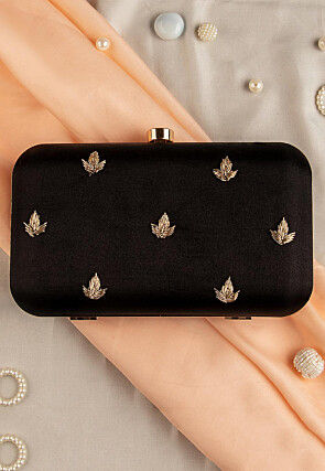 Hand Embroidered Art Silk Clutch Bag in Black