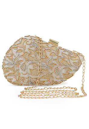 Hand Embroidered Art Silk Clutch Bag in Light Golden