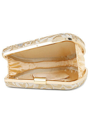 Hand Embroidered Art Silk Clutch Bag in Light Golden