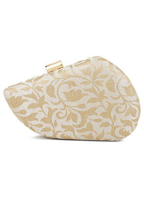 Hand Embroidered Art Silk Clutch Bag in Light Golden