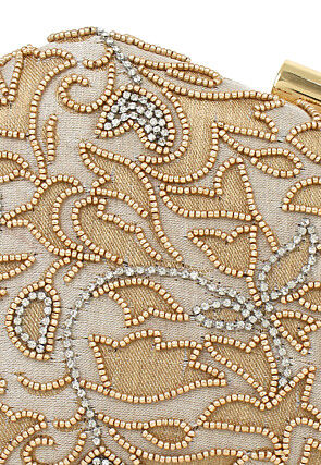 Hand Embroidered Art Silk Clutch Bag in Light Golden