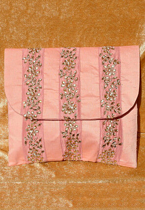 Hand Embroidered Art Silk Clutch Bag in Light Peach and Pink