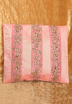 Hand Embroidered Art Silk Clutch Bag in Light Peach and Pink