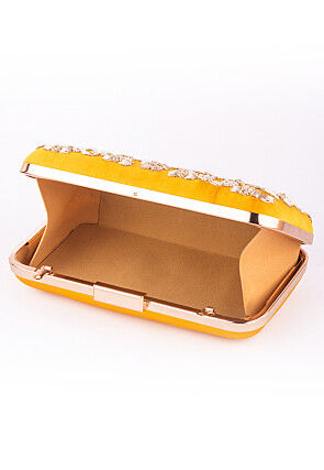 Hand Embroidered Art Silk Clutch Bag in Yellow