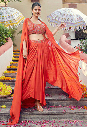 Hand Embroidered Art Silk Crop Top Set in Orange