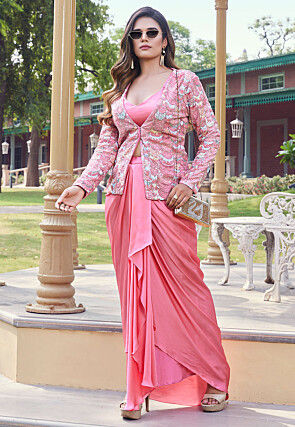 Hand Embroidered Art Silk Crop Top Set in Pink