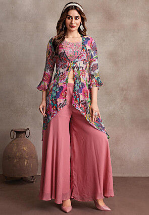 Hand Embroidered Art Silk Crop Top Set in Pink