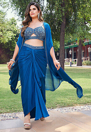 Hand Embroidered Art Silk Crop Top Set in Teal Blue