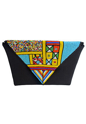 Hand Embroidered Art Silk Envelope Rectangular Clutch Bag in Black