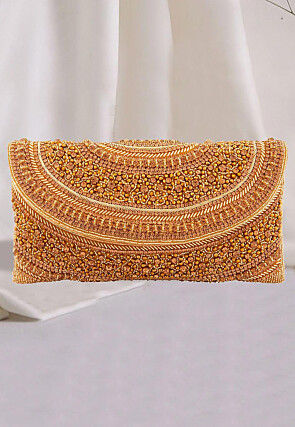 Hand Embroidered Art Silk Flap Clutch Bag in Golden
