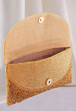 Hand Embroidered Art Silk Flap Clutch Bag in Golden