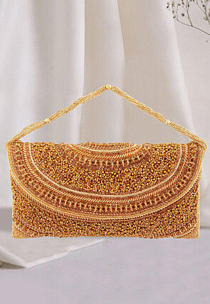 Hand Embroidered Art Silk Flap Clutch Bag in Golden