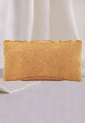 Hand Embroidered Art Silk Flap Clutch Bag in Golden