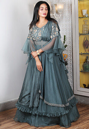 Hand Embroidered Art Silk Flared Gown in Grey