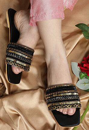 Hand Embroidered Art Silk Flats in Black