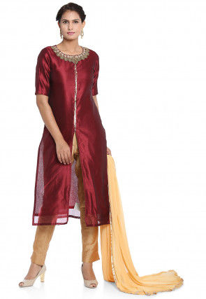 Hand Embroidered Art Silk Front Slit Pakistani Suit in Maroon