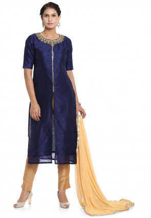 Hand Embroidered Art Silk Front Slit Pakistani Suit in Blue