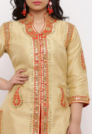 Hand Embroidered Art Silk Front Slit Straight Suit in Beige