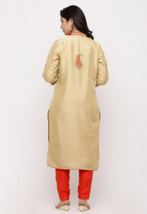 Hand Embroidered Art Silk Front Slit Straight Suit in Beige