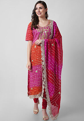 Hand Embroidered Art Silk Ghatchola Bandhej Straight Suit in Fuchsia and Red
