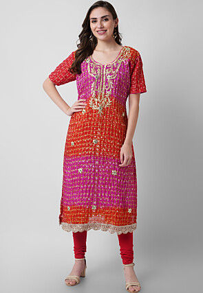 Hand Embroidered Art Silk Ghatchola Bandhej Straight Suit in Fuchsia and Red