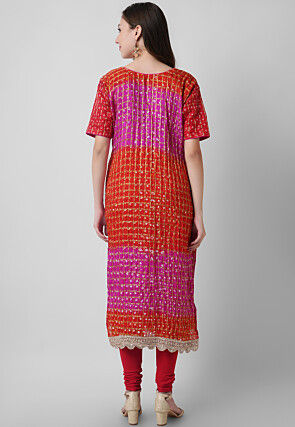 Hand Embroidered Art Silk Ghatchola Bandhej Straight Suit in Fuchsia and Red