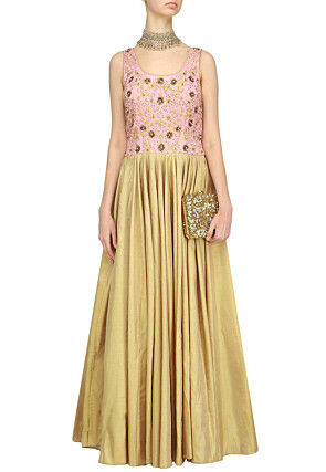 Hand Embroidered Art Silk Gown in Beige and Pink