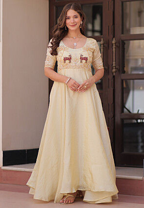 Hand Embroidered Art Silk Gown in Beige