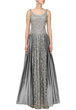 Hand Embroidered Art Silk Gown in Grey
