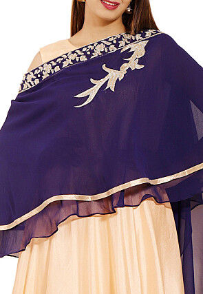 Hand Embroidered Art Silk Gown in Light Peach and Navy Blue