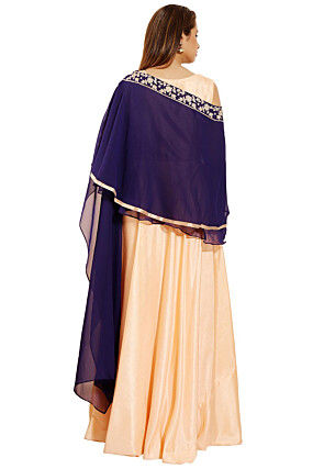 Hand Embroidered Art Silk Gown in Light Peach and Navy Blue