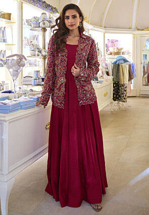 Hand Embroidered Art Silk Gown in Maroon