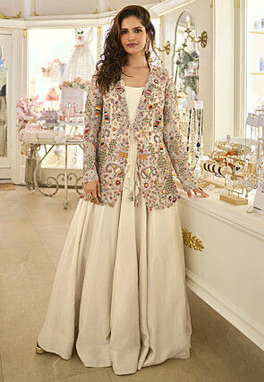 Hand Embroidered Art Silk Gown in Off White