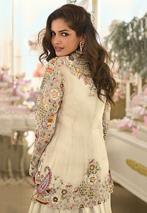 Hand Embroidered Art Silk Gown in Off White