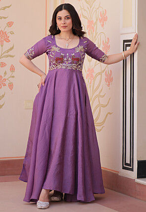Hand Embroidered Art Silk Gown in Purple