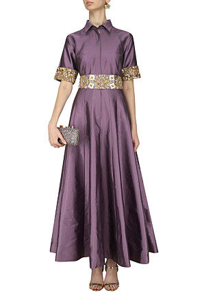 Hand Embroidered Art Silk Gown in Purple
