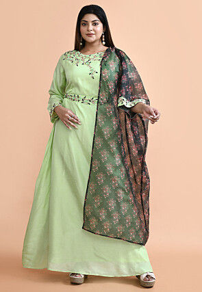Hand Embroidered Art Silk Gown with attached Dupatta in Green