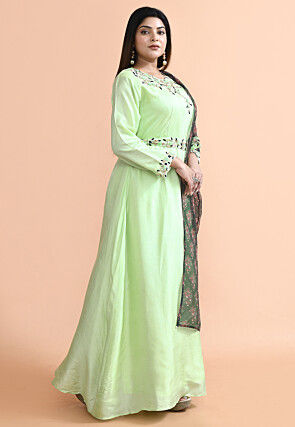 Hand Embroidered Art Silk Gown with attached Dupatta in Green