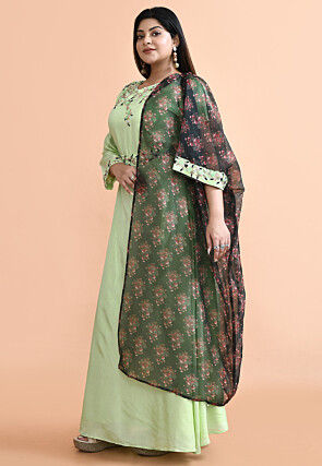 Hand Embroidered Art Silk Gown with attached Dupatta in Green
