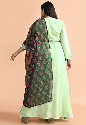 Hand Embroidered Art Silk Gown with attached Dupatta in Green